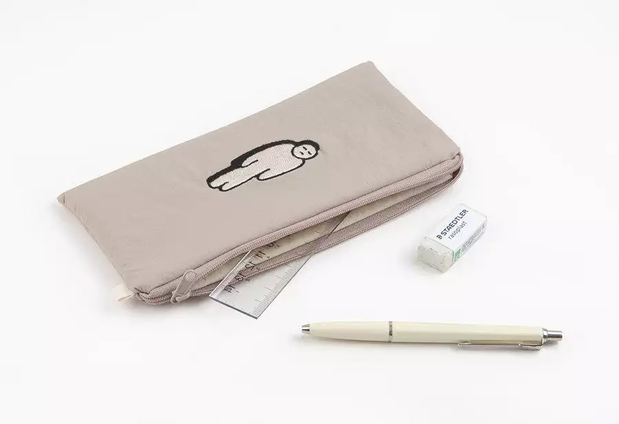 Beige Burnout Character Slim Pencil Cases Embroidery Lightweight Pouch Stationery School Office