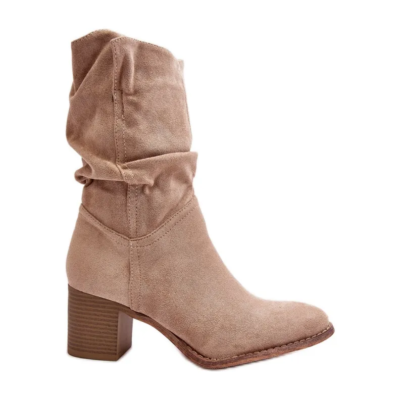 Beige Shavy Women's Insulated Boots With A Ruched Upper On A High Heel