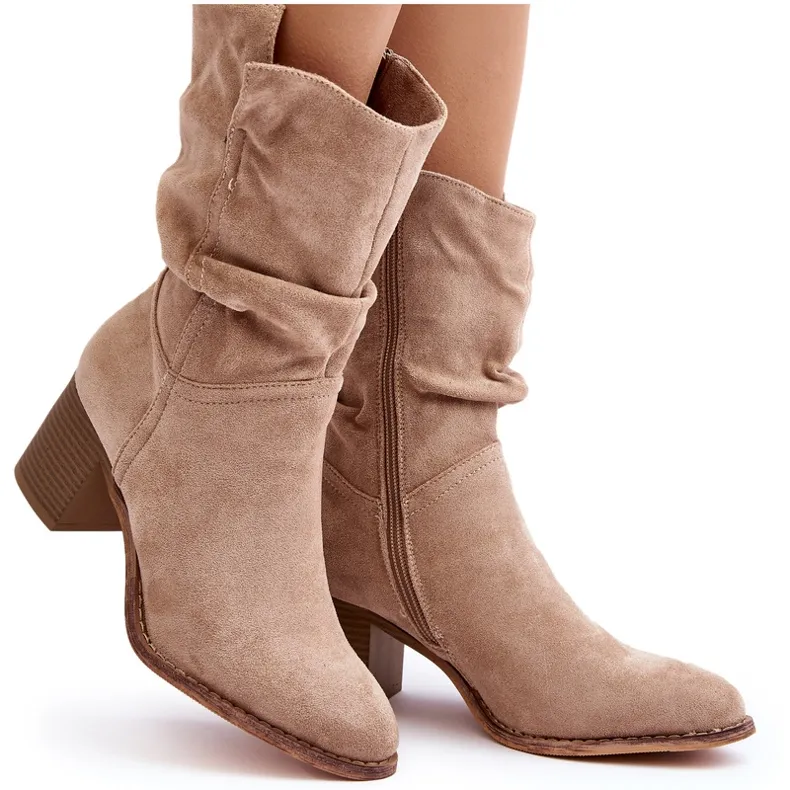 Beige Shavy Women's Insulated Boots With A Ruched Upper On A High Heel