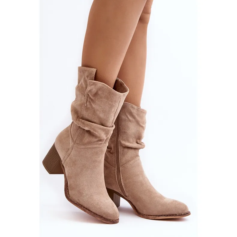 Beige Shavy Women's Insulated Boots With A Ruched Upper On A High Heel