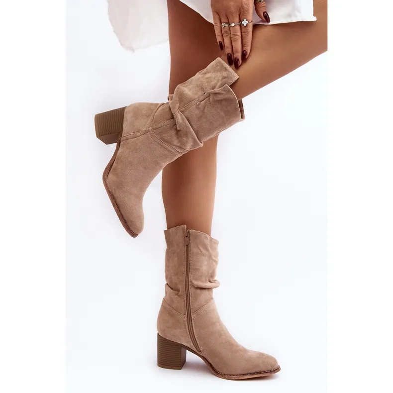 Beige Shavy Women's Insulated Boots With A Ruched Upper On A High Heel