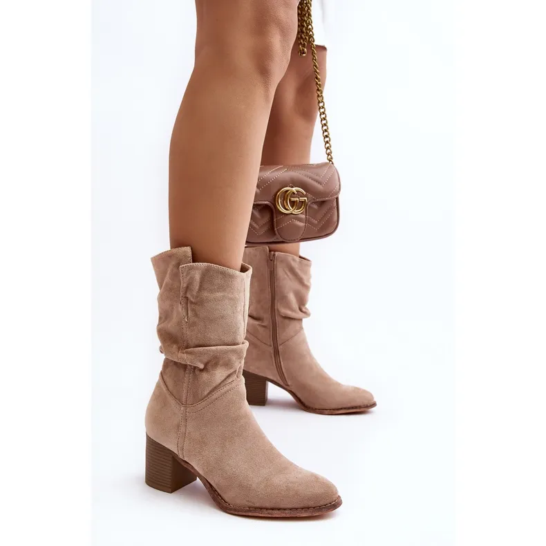 Beige Shavy Women's Insulated Boots With A Ruched Upper On A High Heel