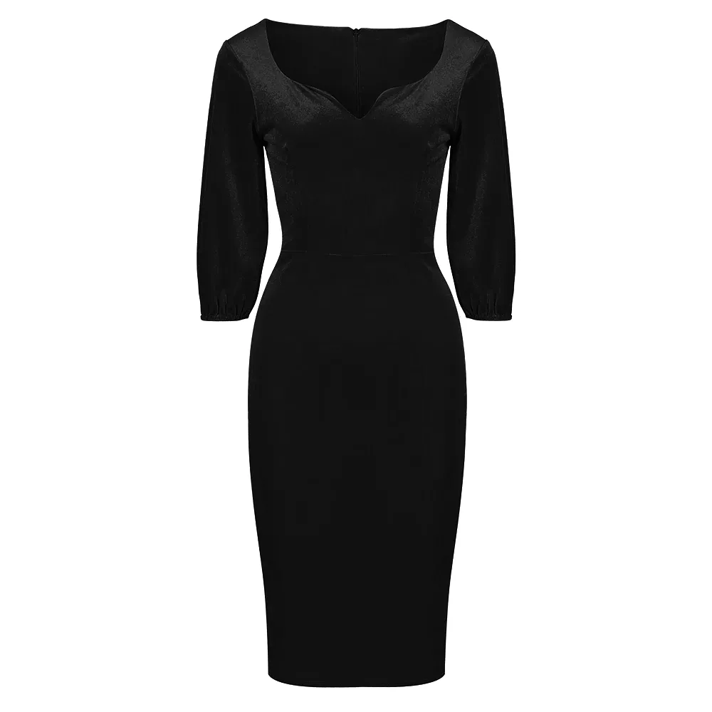 Black Velour Diamond Neckline 3/4 Sleeve Vintage Wiggle Dress