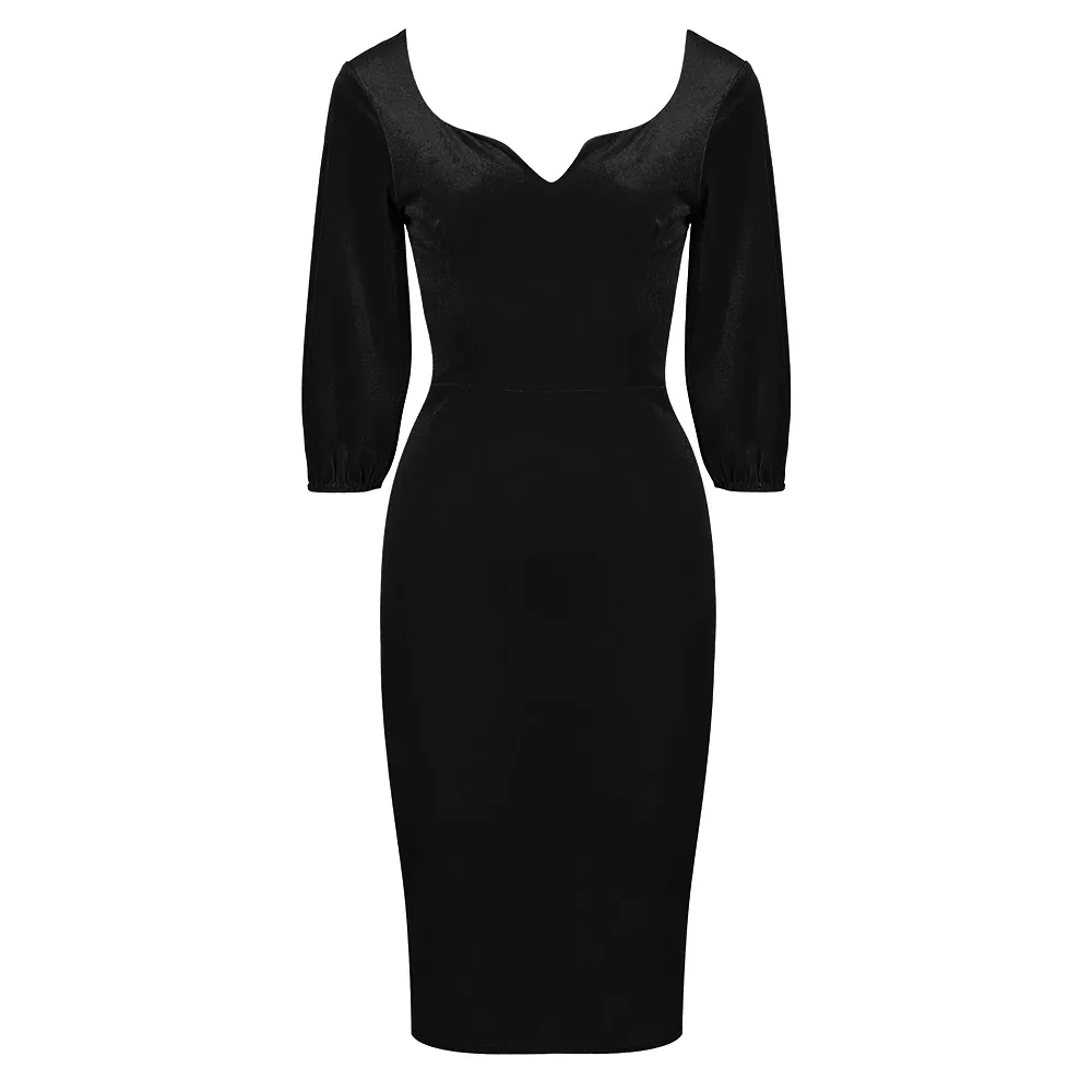 Black Velour Diamond Neckline 3/4 Sleeve Vintage Wiggle Dress