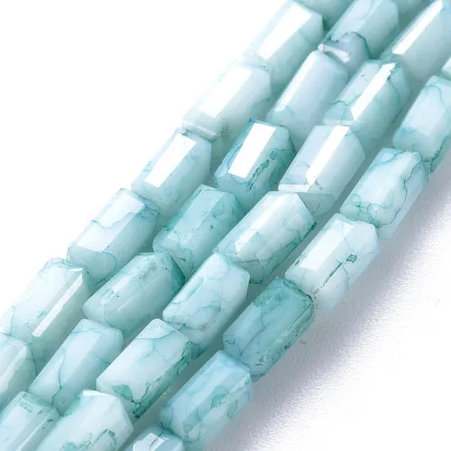 Crackle Glass Beads, Painted, Cuboid, Faceted, Opaque, Pale Turquoise, 6.5x3.5mm