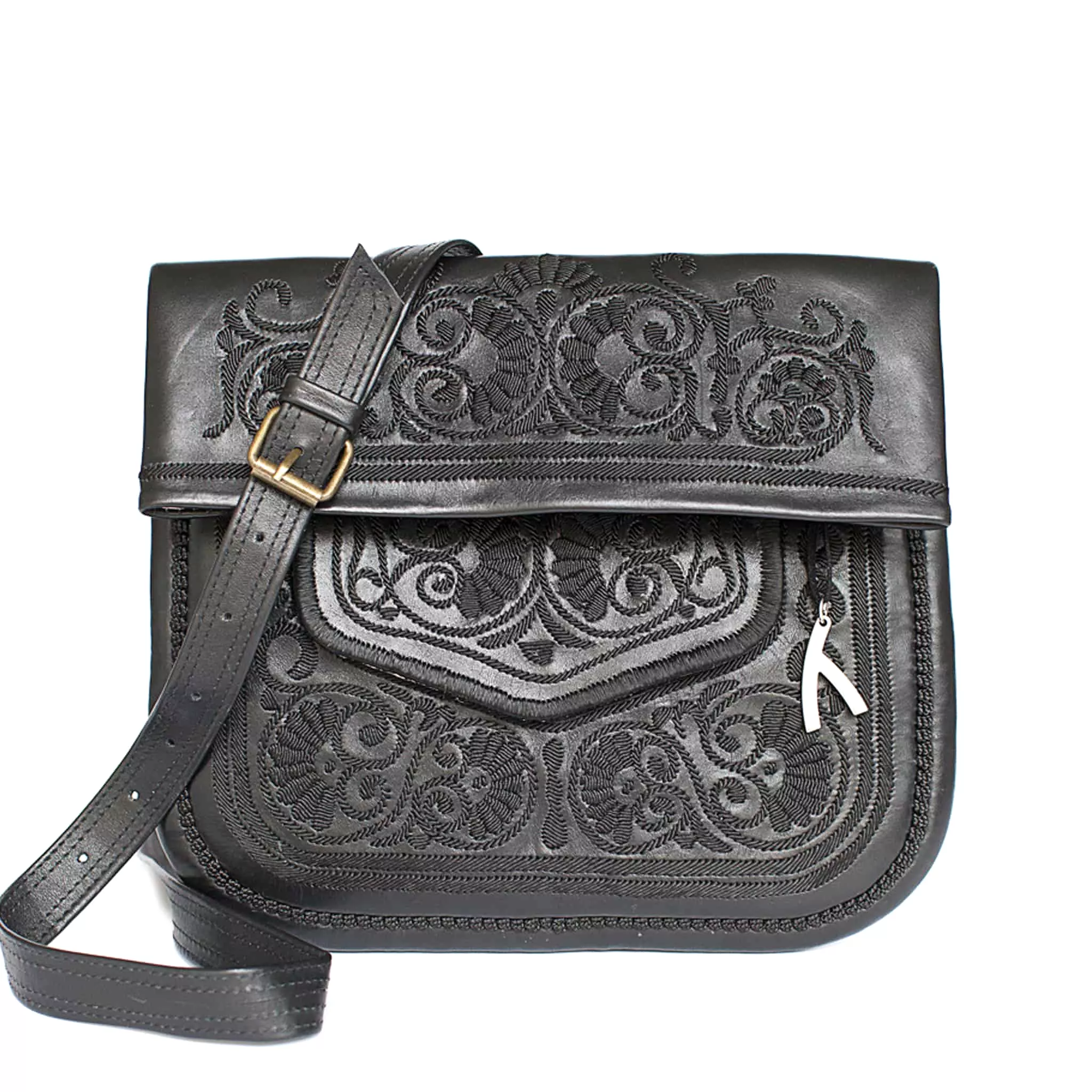 Embroidered Leather Berber Bag in Black