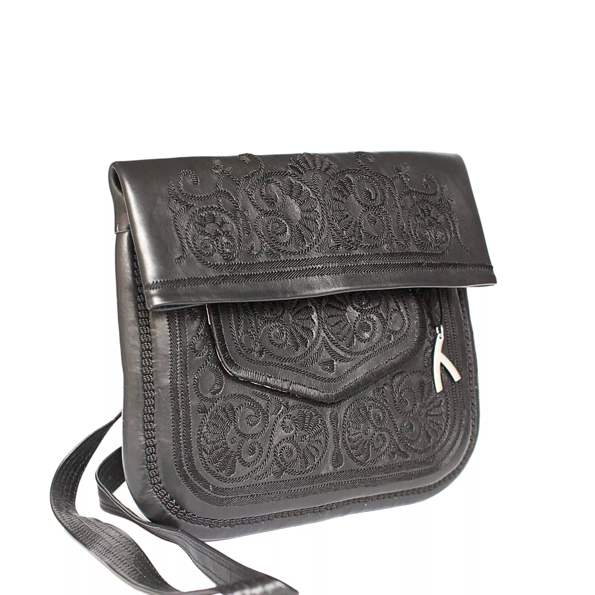 Embroidered Leather Berber Bag in Black