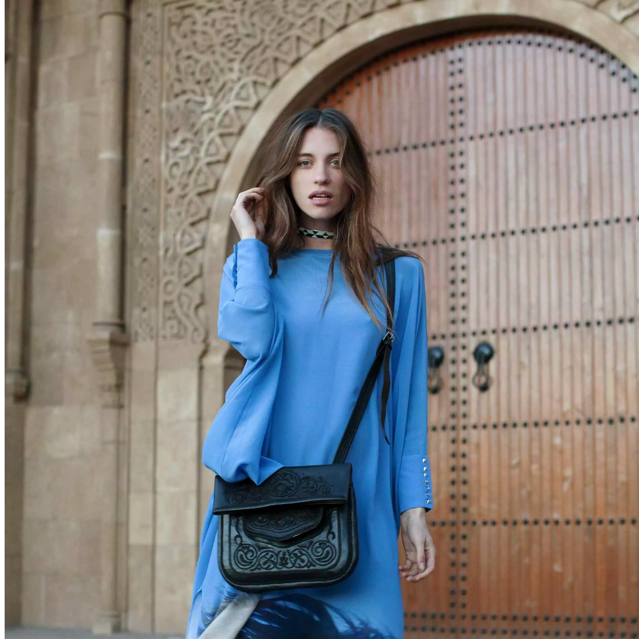 Embroidered Leather Berber Bag in Black