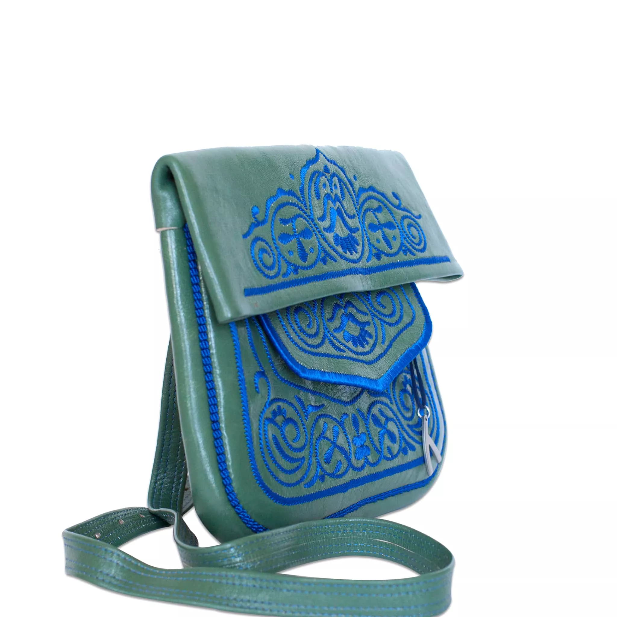 Embroidered Leather Berber Bag in Green, Blue