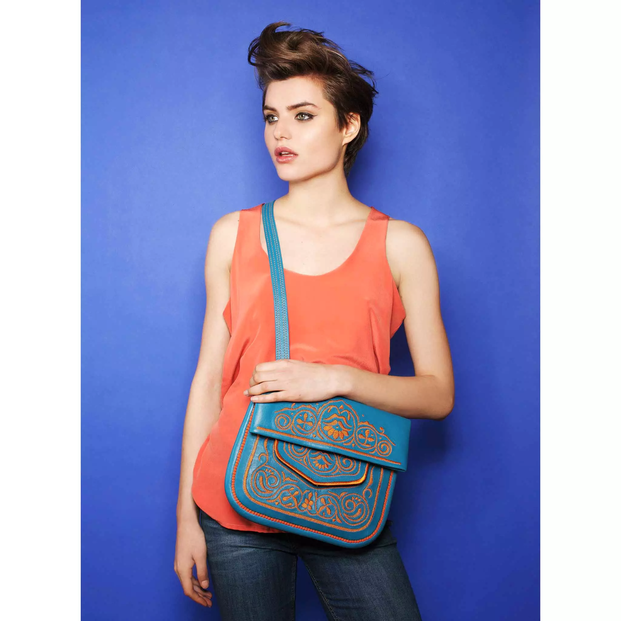 Embroidered Leather Berber Bag in Turquoise, Orange