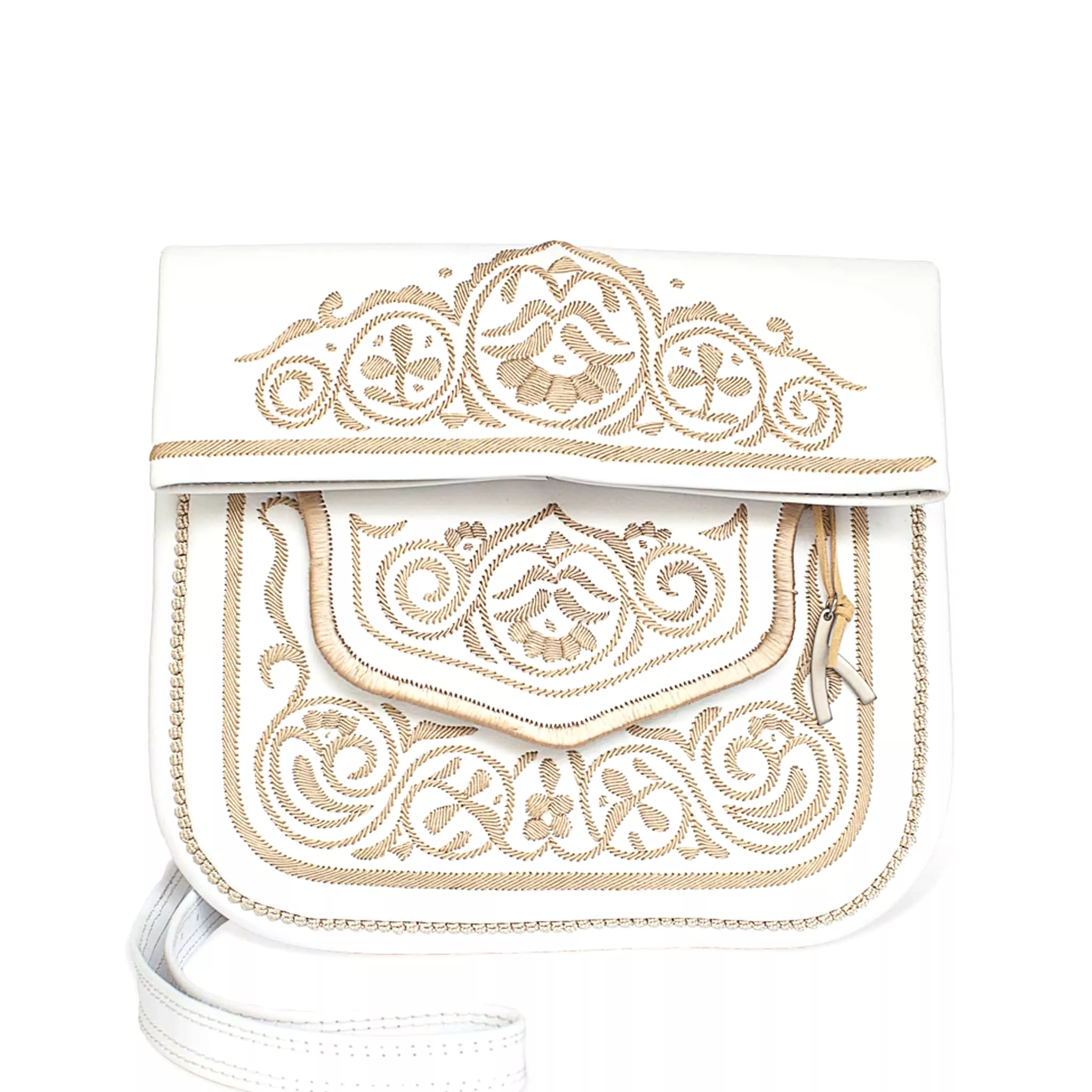 Embroidered Leather Berber Bag in White, Beige