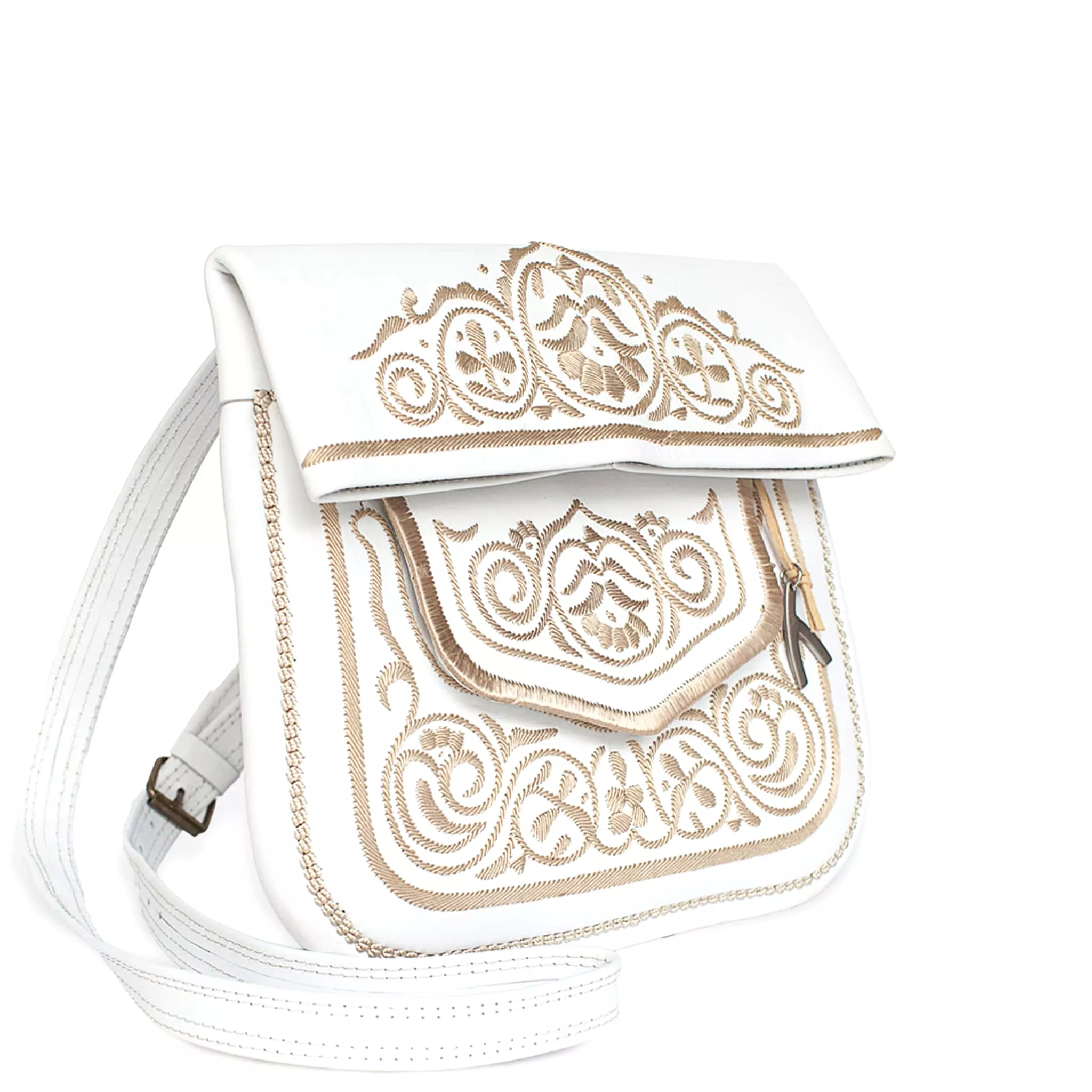 Embroidered Leather Berber Bag in White, Beige