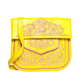 Embroidered Leather Berber Bag in Yellow, Rosé