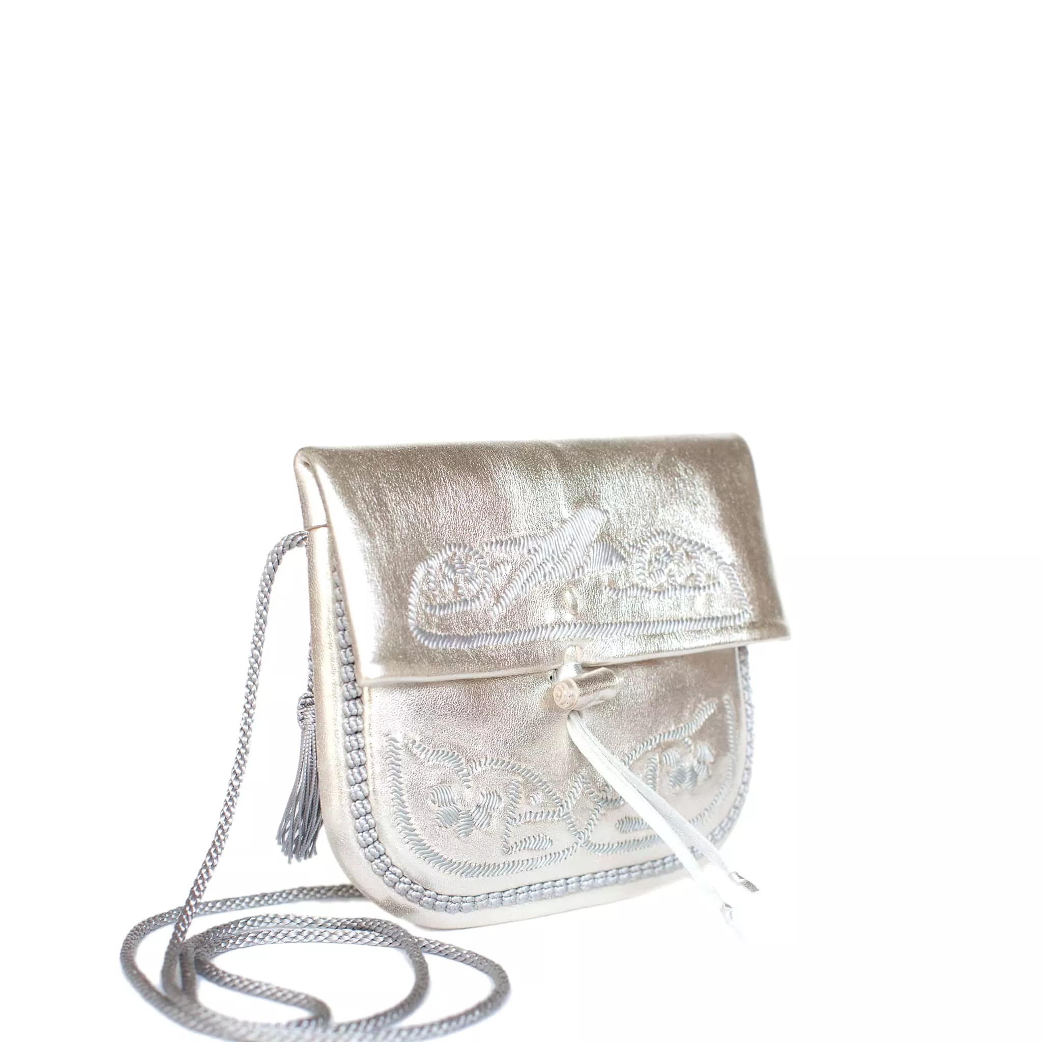 Embroidered Mini Crossbody Bag in Silver