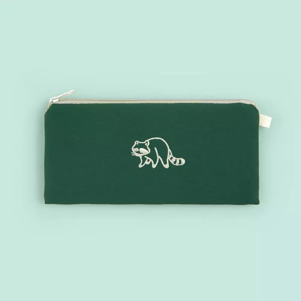 Green Raccoon Character Slim Pencil Cases Embroidery Lightweight Pouch Stationery School Office