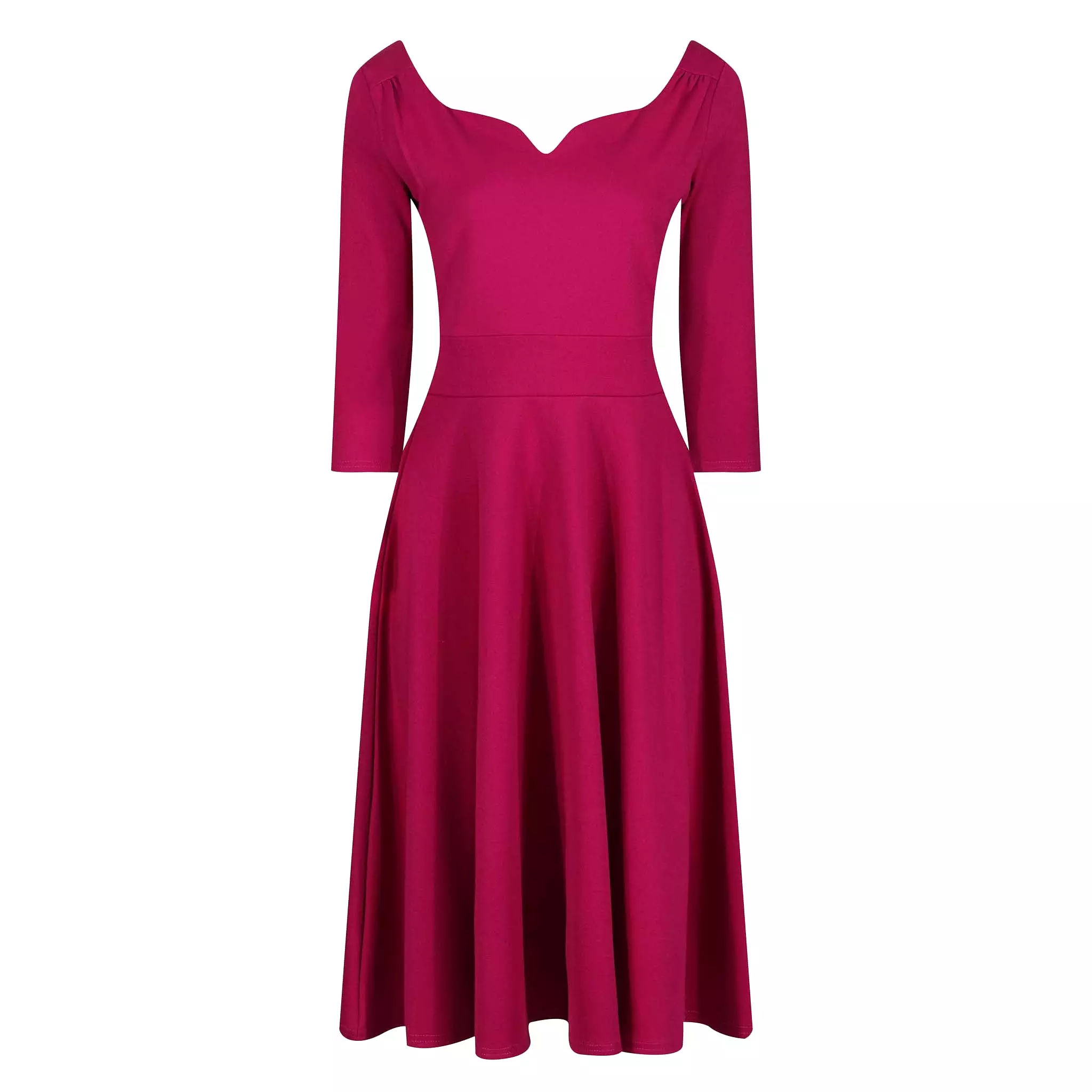 Magenta Diamond Neckline 3/4 Sleeve Vintage Swing Midi Dress