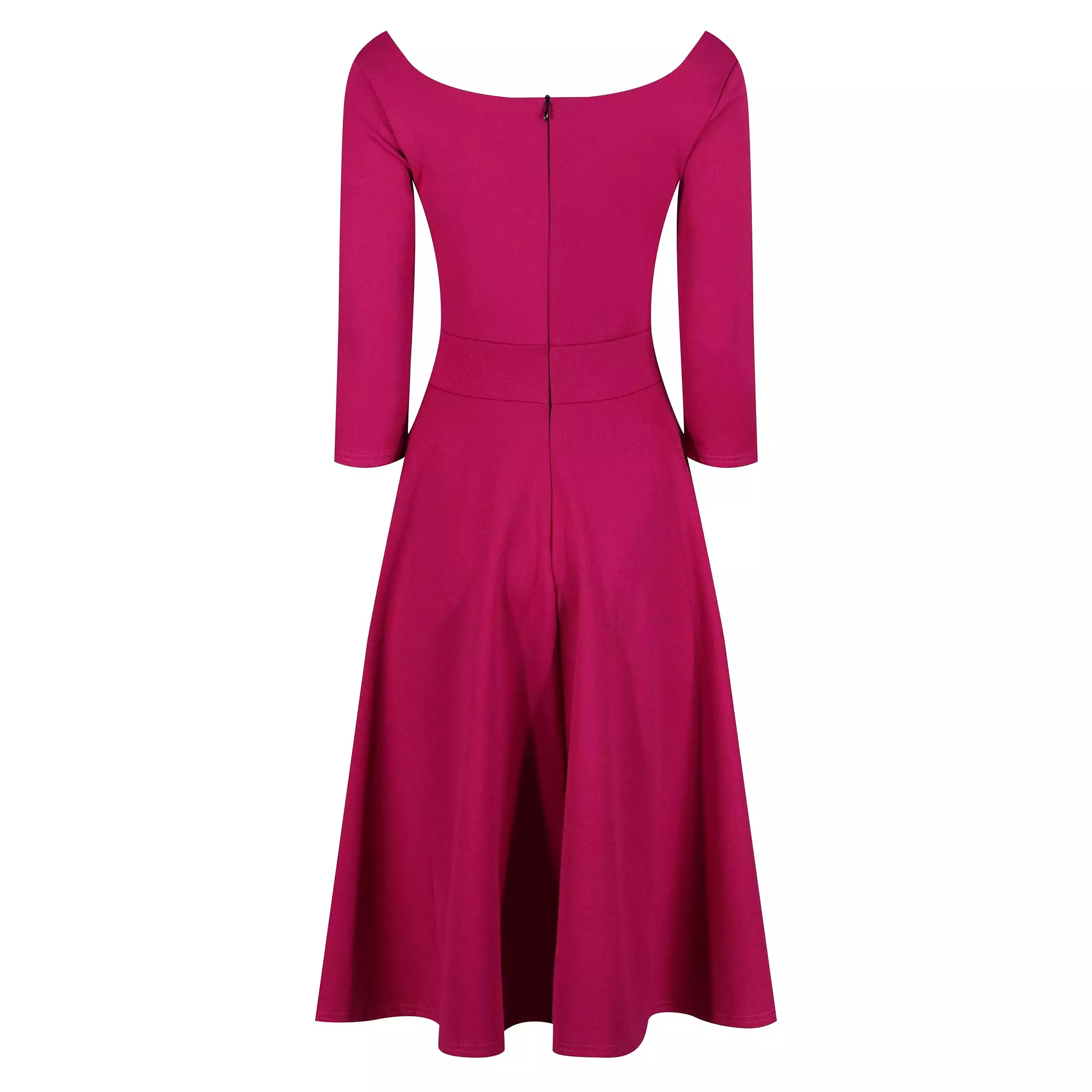 Magenta Diamond Neckline 3/4 Sleeve Vintage Swing Midi Dress