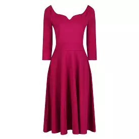 Magenta Diamond Neckline 3/4 Sleeve Vintage Swing Midi Dress