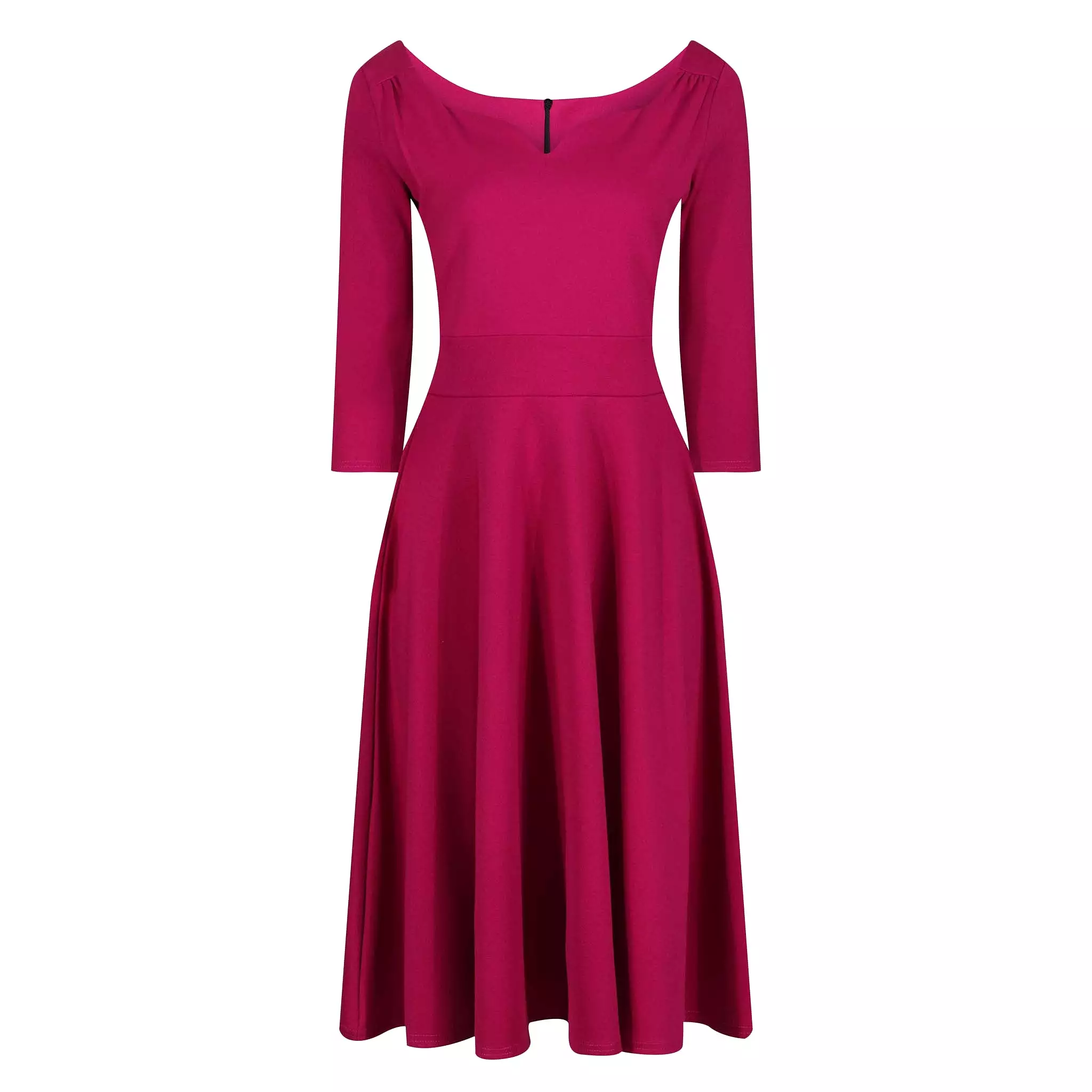 Magenta Diamond Neckline 3/4 Sleeve Vintage Swing Midi Dress