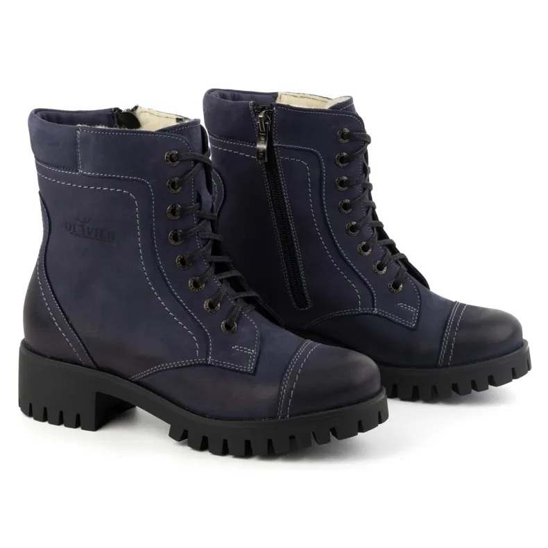 Olivier Women's leather ankle boots, winter insulated boots, 272BB, navy blue