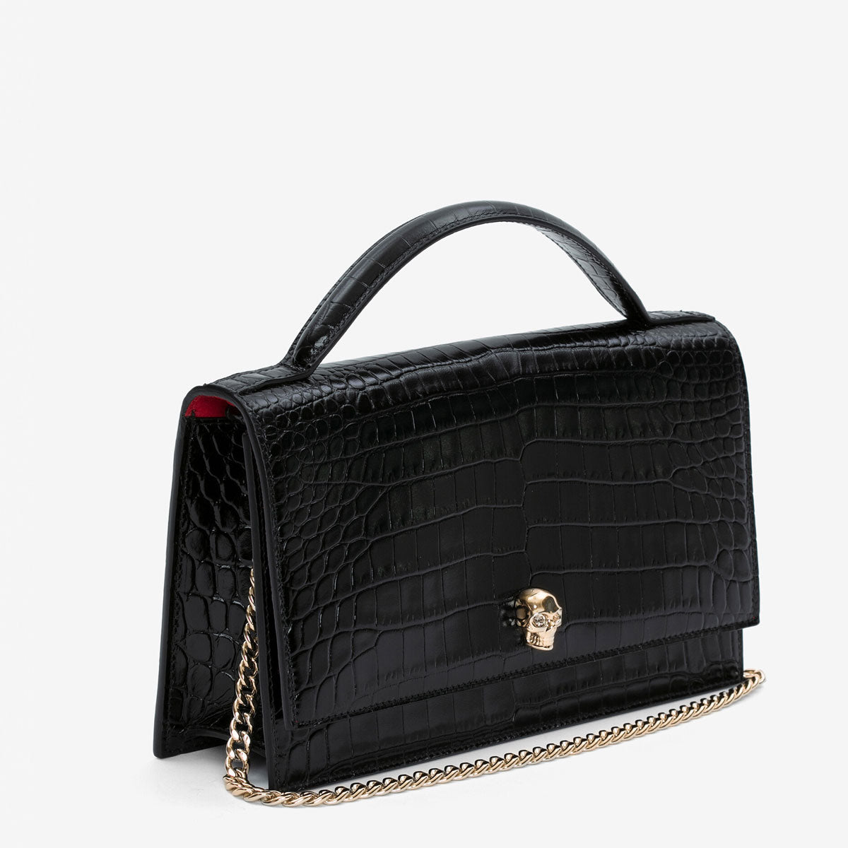 Top Handle Skull Mini Bag Croc, Black (G)