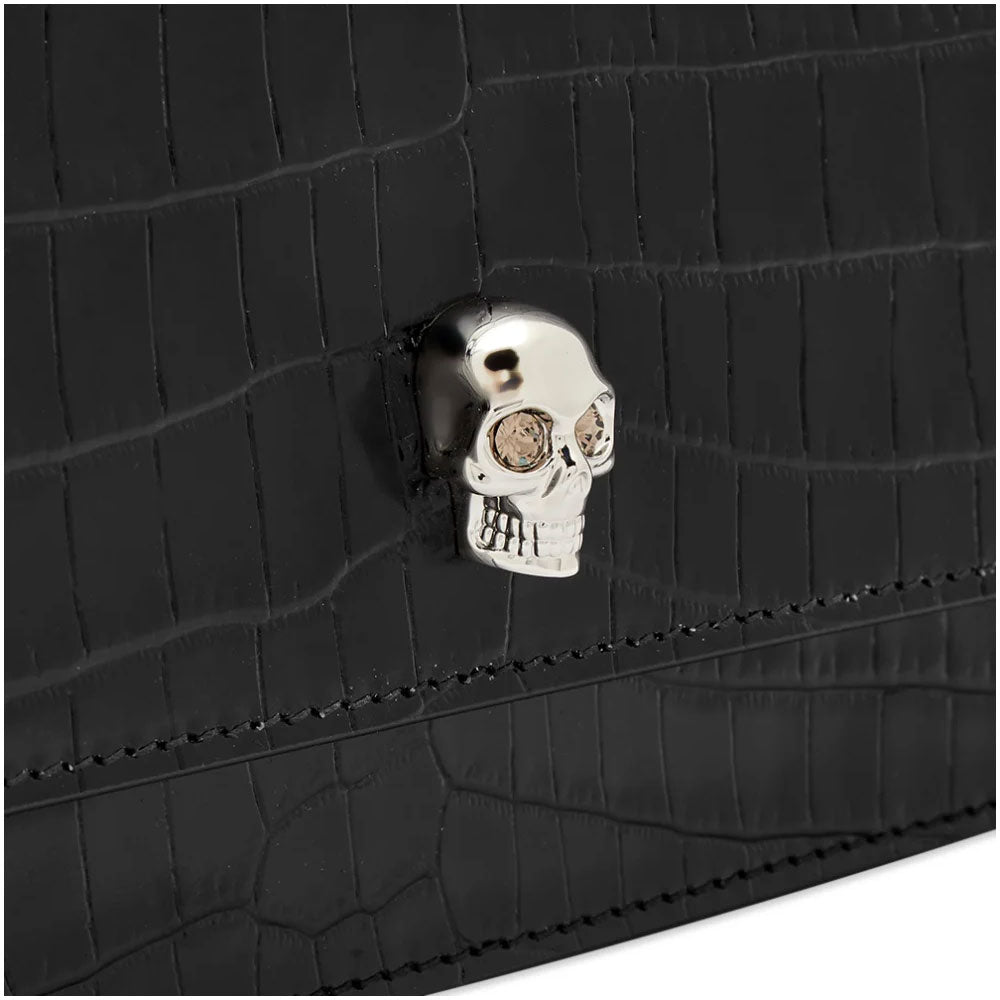 Top Handle Skull Mini Bag Croc, Black/Silver