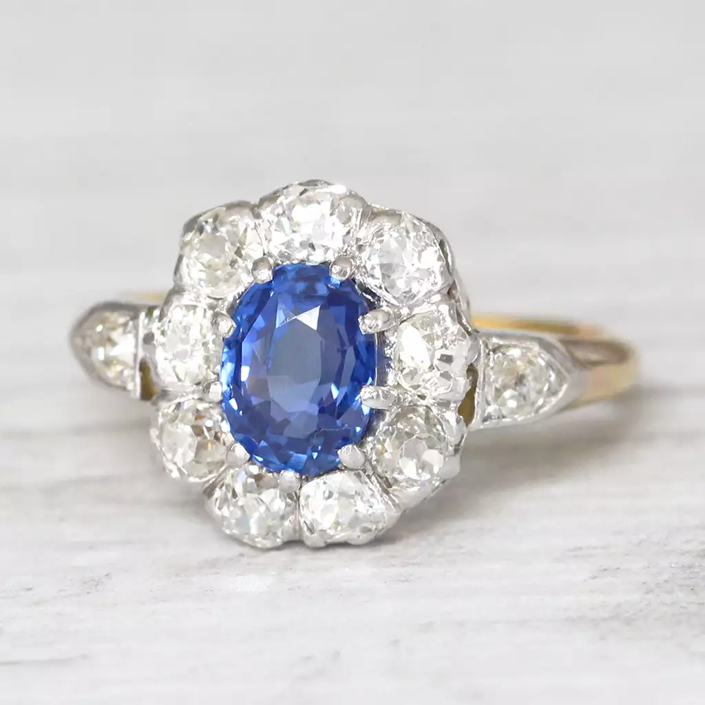 Victorian 1.79 Carat Ceylon Sapphire and Old Cut Diamond Cluster