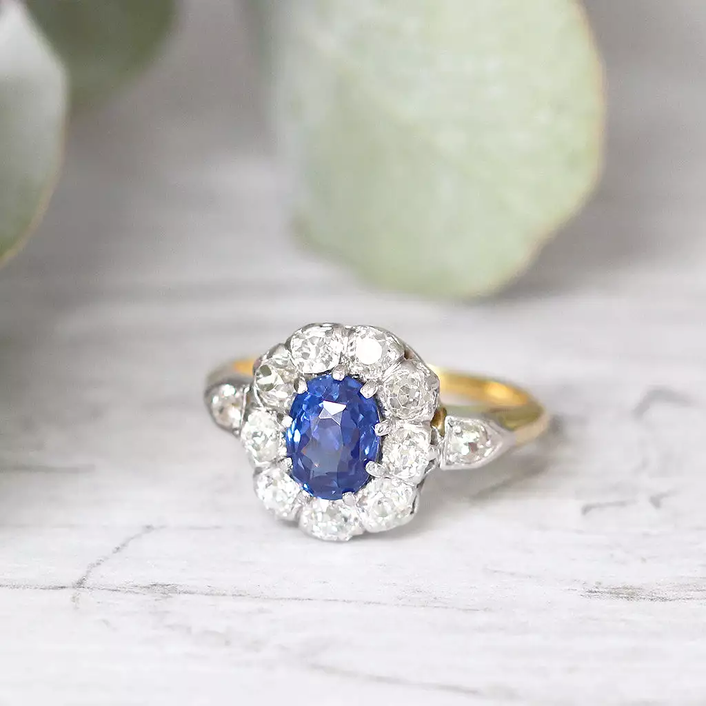 Victorian 1.79 Carat Ceylon Sapphire and Old Cut Diamond Cluster