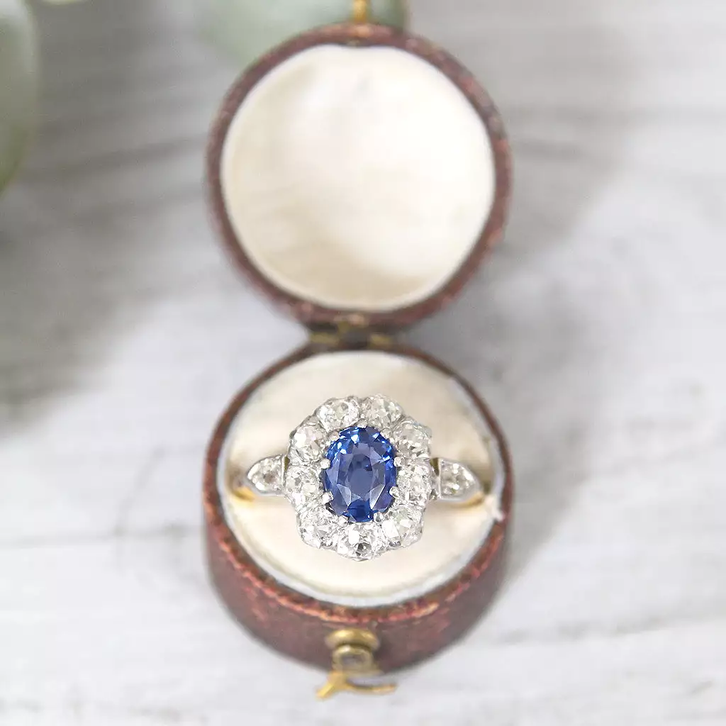 Victorian 1.79 Carat Ceylon Sapphire and Old Cut Diamond Cluster