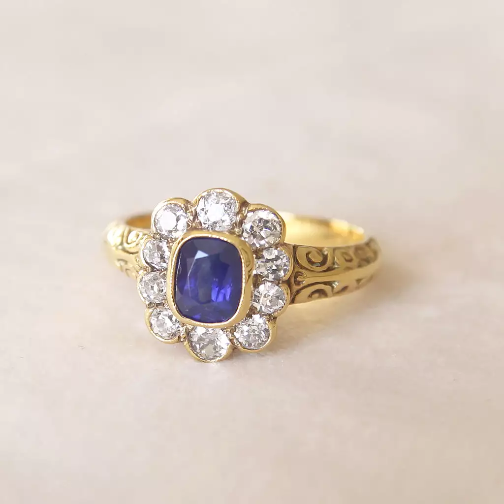 Victorian Style 0.85 Carat Sapphire and Old Cut Diamond Cluster