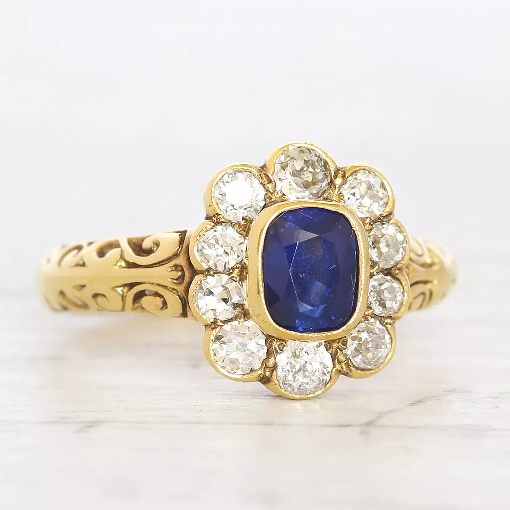 Victorian Style 0.85 Carat Sapphire and Old Cut Diamond Cluster