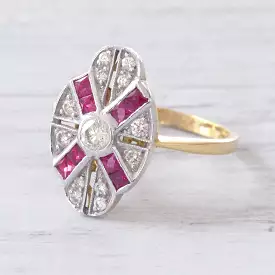 Vintage Brilliant Cut Diamond and Calibré Cut Ruby Cluster