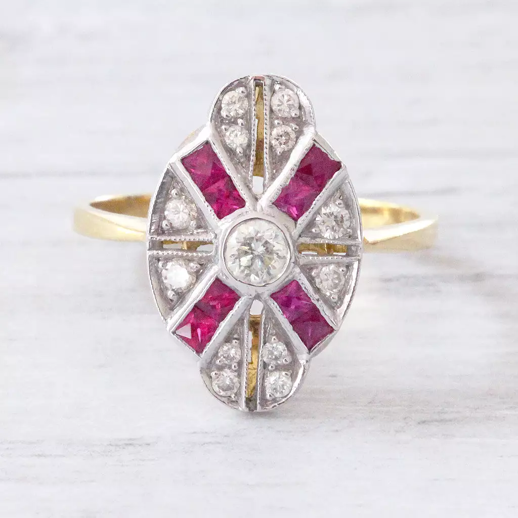 Vintage Brilliant Cut Diamond and Calibré Cut Ruby Cluster