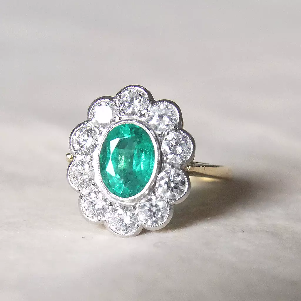 Vintage Style 1.30 Carat Emerald and Diamond Cluster