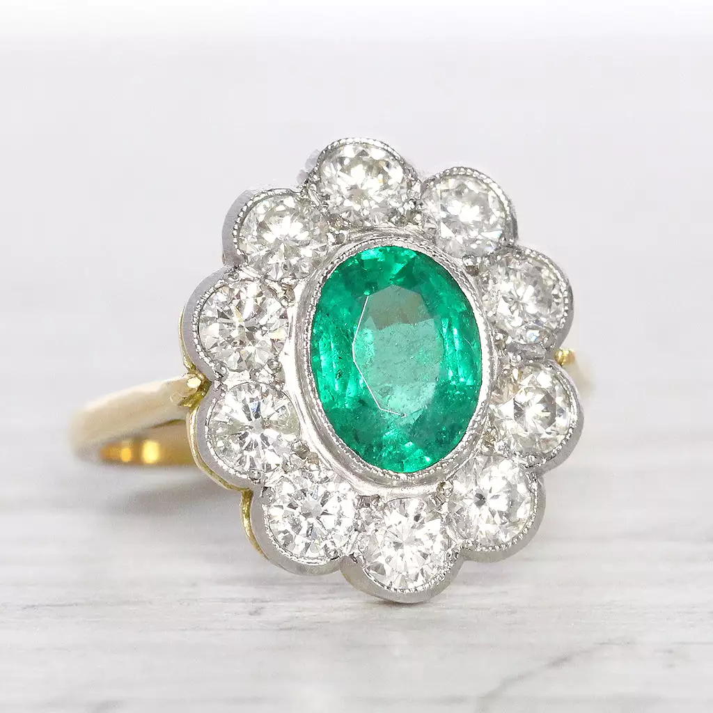 Vintage Style 1.30 Carat Emerald and Diamond Cluster