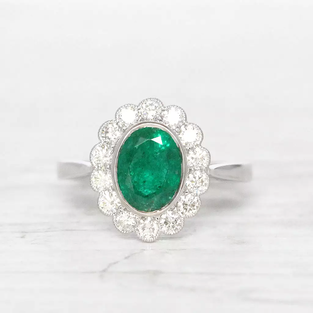 Vintage Style 1.67 Carat Emerald and Diamond Oval Cluster