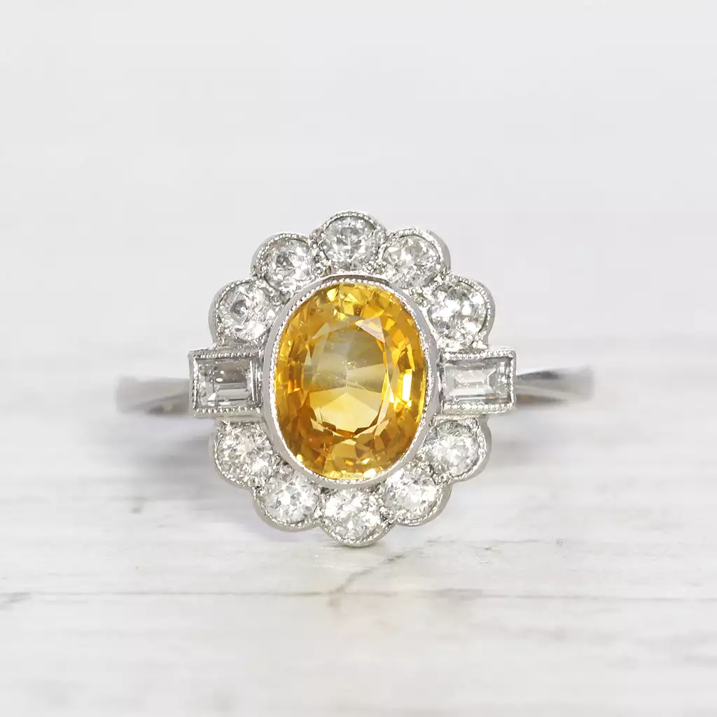 Vintage Style 1.77 Carat Yellow Sapphire and Diamond Cluster