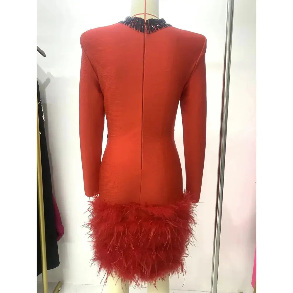 Women's Standing Neck Feather Decor Long-Sleeved Party Bandage Dress